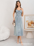 Women Spring/Summer Denim Button Stretchy Slip Dress