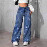 Women American Retro Blue Denim Beaded Butterfly Pants