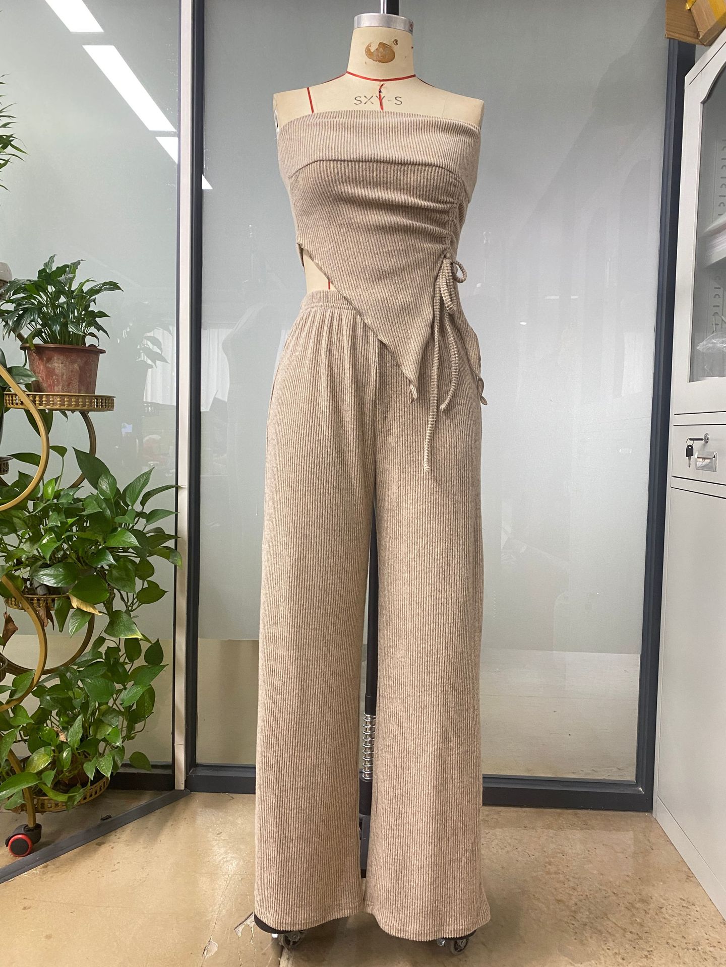 Women Summer Career Ribbed Sleeveless Tie Top and Pant Two-Piece Set