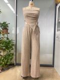 Women Summer Career Ribbed Sleeveless Tie Top and Pant Two-Piece Set