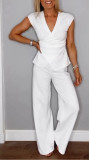 Women summer casual solid v-neck sleeveless top and pants two-piece set