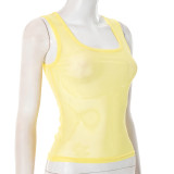 Women Spring/Summer Mesh See-Through Square Neck Solid Top