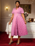 Plus-Size Women Short-Sleeved Turndown Collar Patchwork Lace Pleated Dress