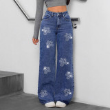 Women Autumn Floral Beaded Denim Pants