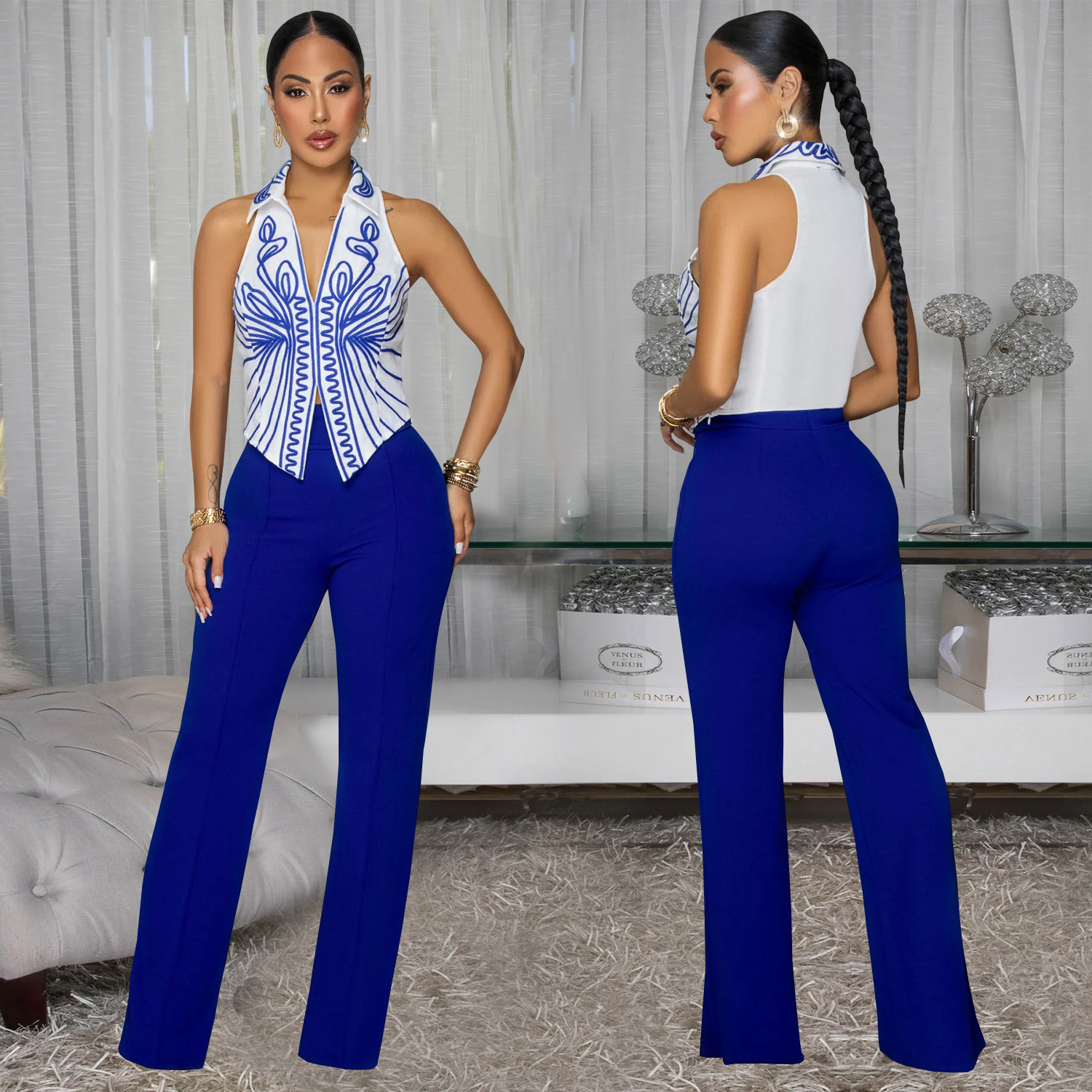 Women Elegant Printed Top and Pants Two-Piece Set