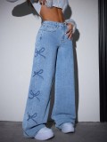 Women Casual Printed Washed Butterfly Denim Pants