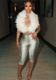 Women Summer/Autumn Halter Neck Fur Collar Backless Lace-Up Top and Capri Pants Two-Piece Set