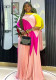 Plus-Size African Women Long-Sleeved Colorblock Pleated Top and Skirt Two-Piece Set