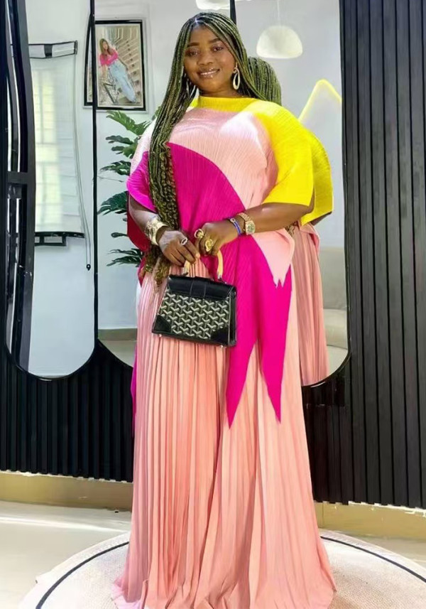 Plus-Size African Women Long-Sleeved Colorblock Pleated Top and Skirt Two-Piece Set