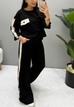 Women Casual Short-Sleeve Round Neck Top and Contrast Color Patchwork Two-Piece Pants Women Casual Short-Sleeve Round Neck Top and Contrast Color Patchwork Two-Piece Pants