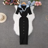 Women Fall/Winter French Contrast Color Embroidered Polo Neck Long-Sleeved Knitted Dress