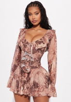 Women Summer/Autumn Ruffled Collar Long-Sleeved Mesh Leopard Print Off-The-Shoulder Pleated Dress Women Summer/Autumn Ruffled Collar Long-Sleeved Mesh Leopard Print Off-The-Shoulder Pleated Dress