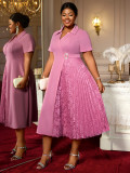 Plus-Size Women Short-Sleeved Turndown Collar Patchwork Lace Pleated Dress