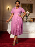 Plus-Size Women Short-Sleeved Turndown Collar Patchwork Lace Pleated Dress