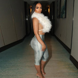 Women Summer/Autumn Halter Neck Fur Collar Backless Lace-Up Top and Capri Pants Two-Piece Set