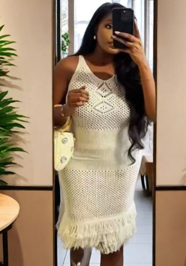 Women Solid Sexy Backless Knitted Hollow Dress