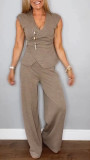 Women summer casual solid v-neck sleeveless top and pants two-piece set