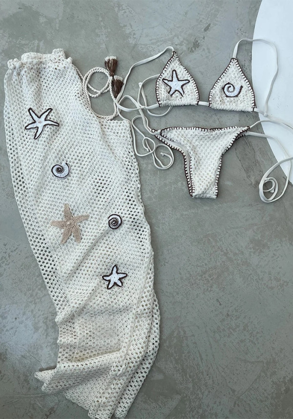 Women Three-Piece Sexy Crochet Mesh Bikini Two-Piece Set