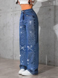 Women American Retro Blue Denim Beaded Butterfly Pants