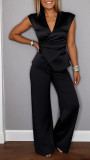 Women summer casual solid v-neck sleeveless top and pants two-piece set