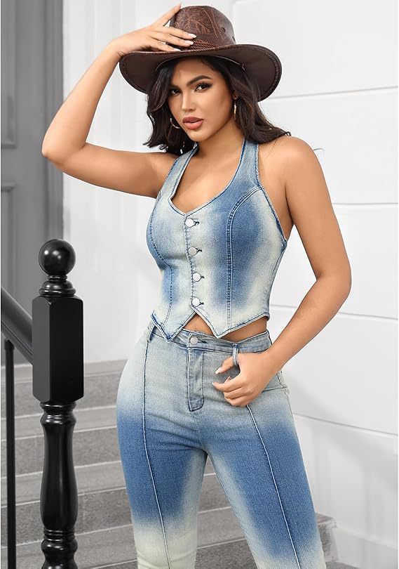 Women Summer Sleeveless Denim Vest and Pants Two-Piece Set