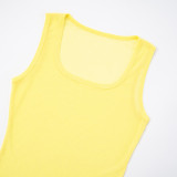 Women Spring/Summer Mesh See-Through Square Neck Solid Top