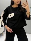 Women Casual Short-Sleeve Round Neck Top and Contrast Color Patchwork Two-Piece Pants