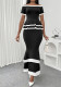 Women Elegant Colorblock Off-Shoulder Top and Skirt Two-Piece Set