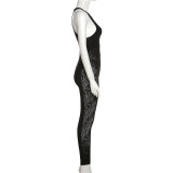 Spring & Summer Women's Fashion Sexy Jacquard Mesh Cut-Out High Stretch Tight Fitting Solid Jumpsuit