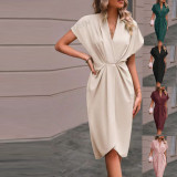 Summer Women's Fashion Elegant V-Neck Party Dress Solid Gown