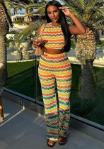 Summer Colorful Striped Sleeveless Knitting Two Piece Pants Set Summer Colorful Striped Sleeveless Knitting Two Piece Pants Set