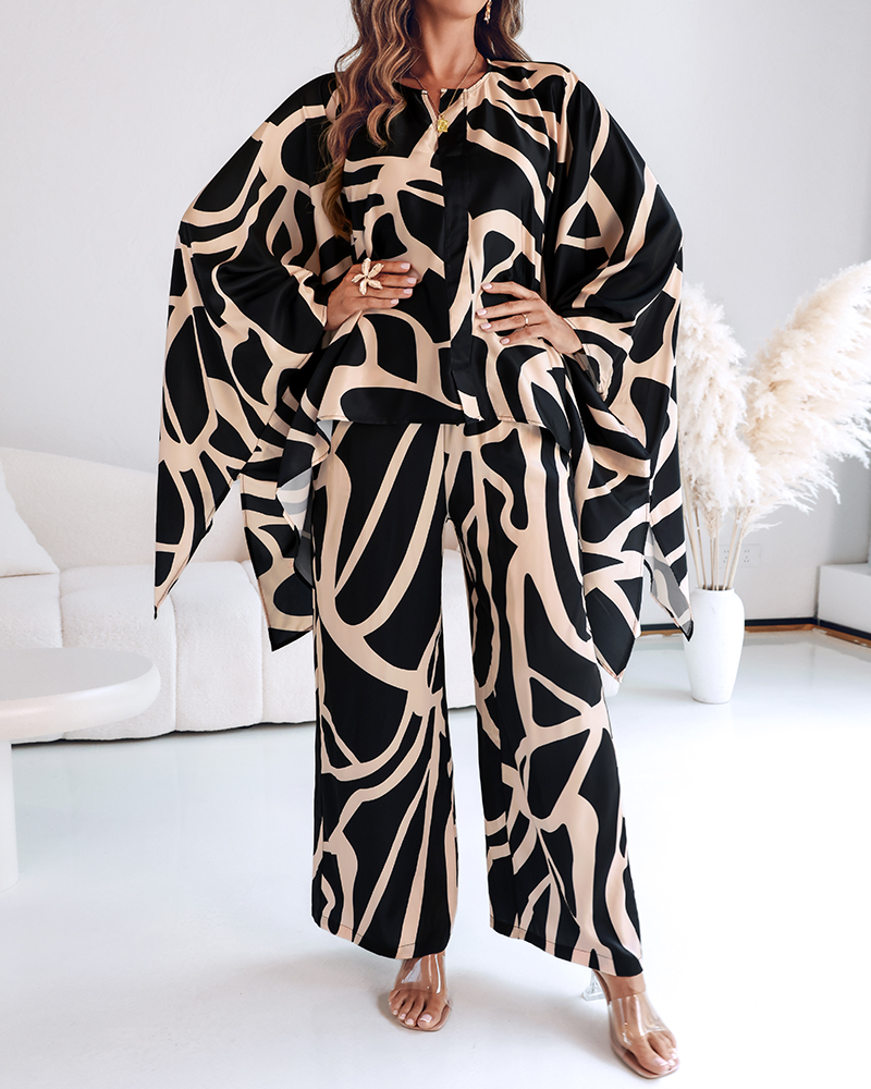 Women's Asymmetric Print Loose Bat Sleeves Pullover Top Wide-Leg Pants Set