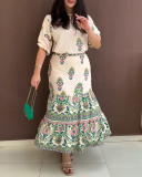 Women's Print Short Sleeve Top Maxi Ruffle Skirt Set