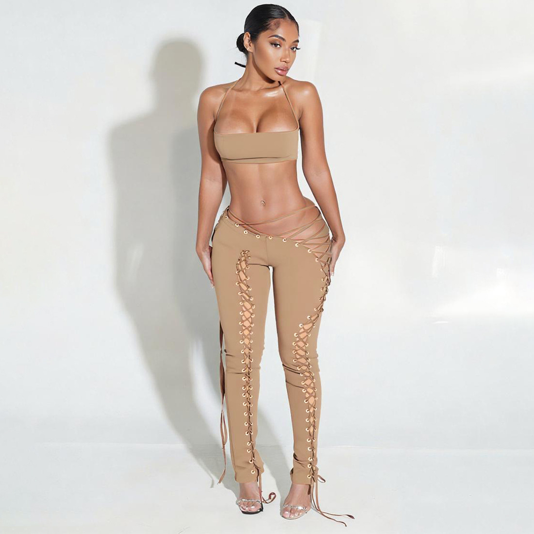 Women Fall Solid Halter Neck Lace-Up Top and Pants Two-piece Set