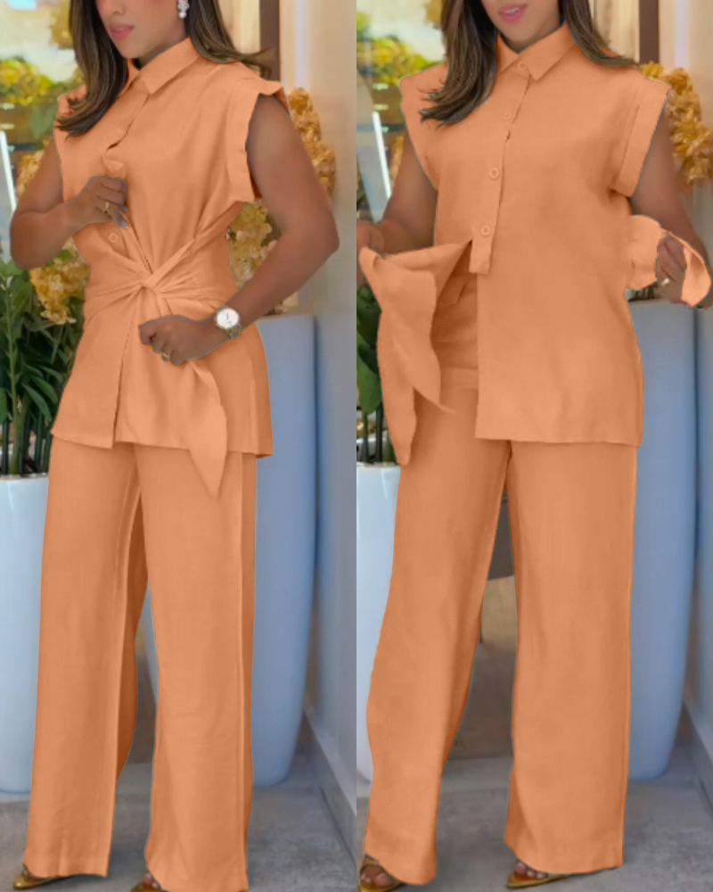 Women's Fashion Sleeveless Lace-Up Shirt Wide-Leg Pants Set