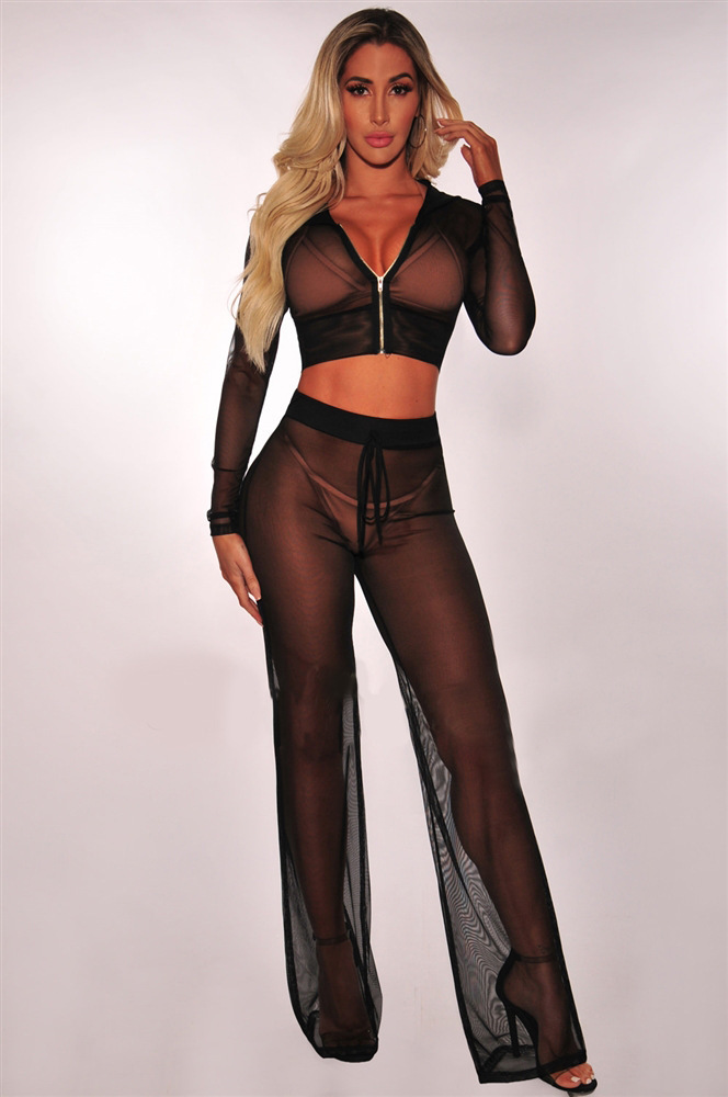 Summer Sexy Long Sleeve See-Through Mesh Hooded Zip-Up Top & Straight Pants Two-Piece Set
