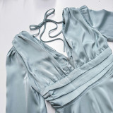 Bell Sleeve Solid Long Sleeve Sexy V-Neck Slim Waist Mini Party Dress