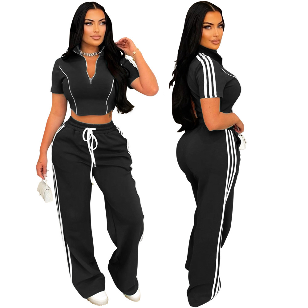 Fashion Women Zipper Short Sleeve Short Top Loose Pants Casual Two-Piece Set