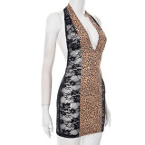 Women's Leopard Print V-Neck Halter Neck Patchwork Lace Bodycon Mini Dress