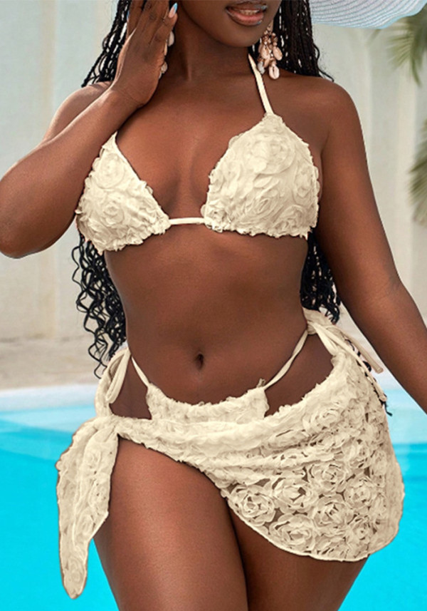 Three-Piece Sexy Triangle Lace-Up Floral Bikini Set