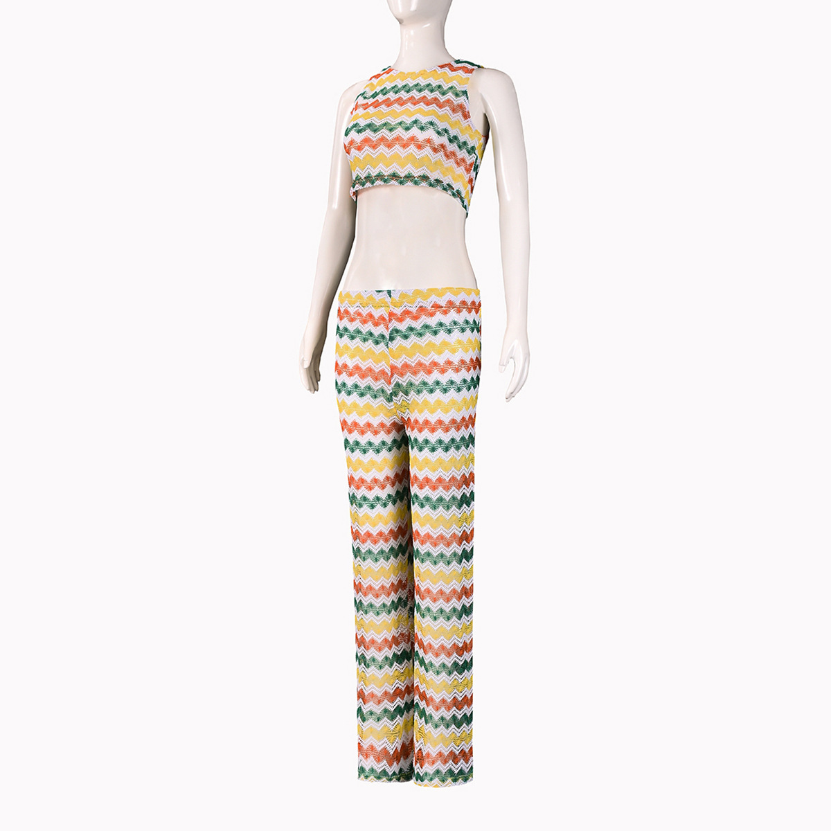 Summer Colorful Striped Sleeveless Knitting Two Piece Pants Set