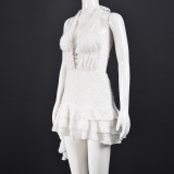 Women's V-Neck Cut-Out Tie-Up Lace-Up Low Back Fuzzy Mini Puffy Dress