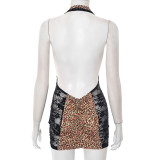 Women's Leopard Print V-Neck Halter Neck Patchwork Lace Bodycon Mini Dress