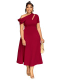 Summer Fashion Women's Slash Shoulder Cut-Out Solid Slim Waist Long Dress