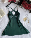 Fashion Solid Color Lace Patchwork Low Back Side Slit Nightdress