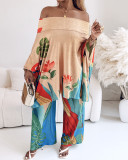 Women's Fashion Animal & Floral Print Bat Sleeves Loose Top Wide-Leg Pants Set