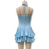 Summer Halter Neck Single-Button Ruffled Mini Dress
