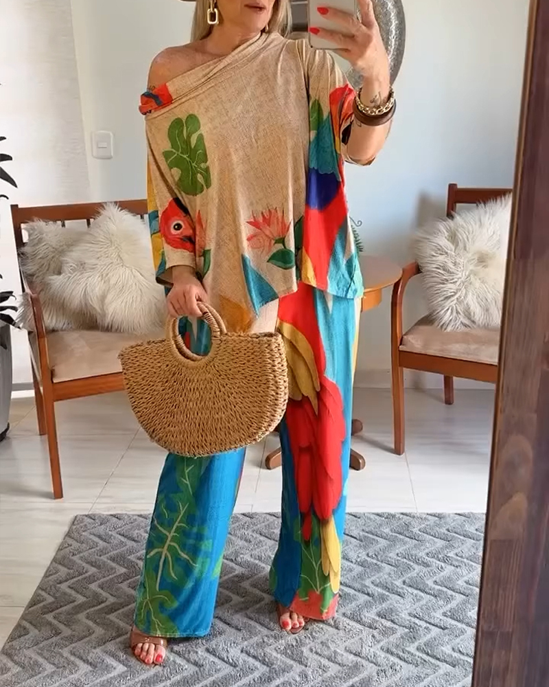 Women's Fashion Animal & Floral Print Bat Sleeves Loose Top Wide-Leg Pants Set