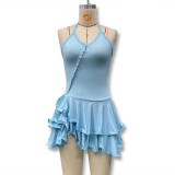 Summer Halter Neck Single-Button Ruffled Mini Dress