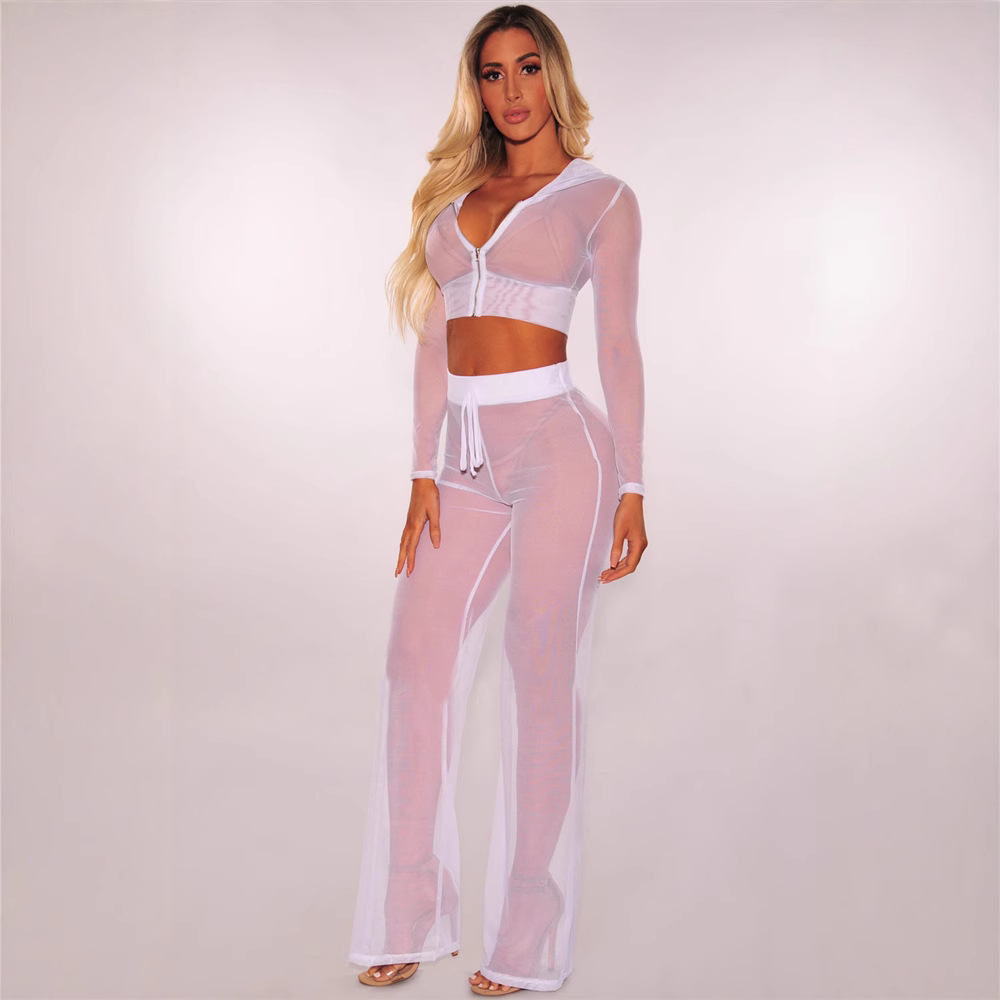 Summer Sexy Long Sleeve See-Through Mesh Hooded Zip-Up Top & Straight Pants Two-Piece Set